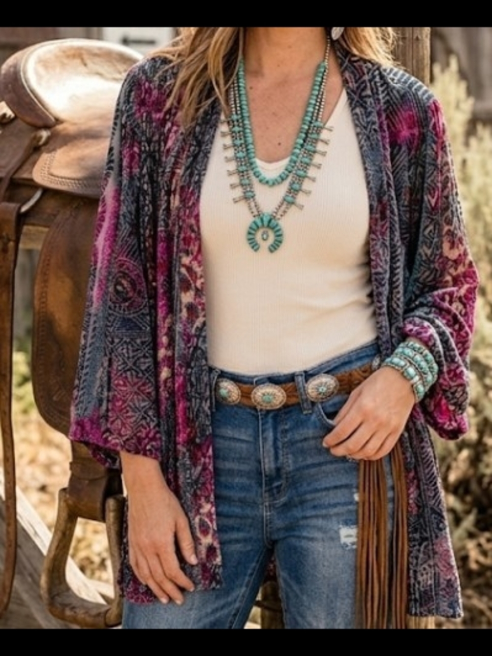 Anthropologie Open-Front Burn Out Velvet Kimono in Berry/Grey (M/L) Boho Western